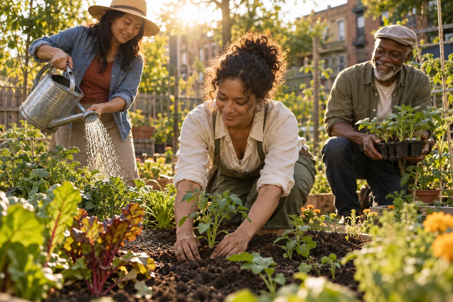 Illustrative neighbors planting and tending a community garden