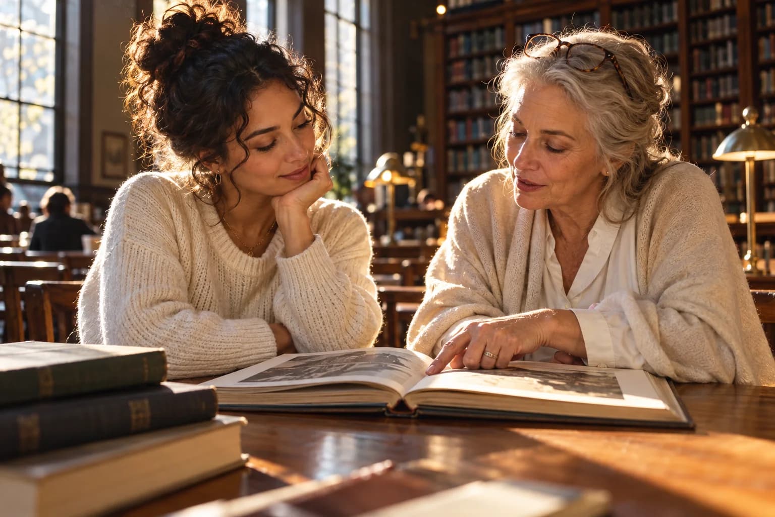 Illustrative adults discussing a book in a sunlit library